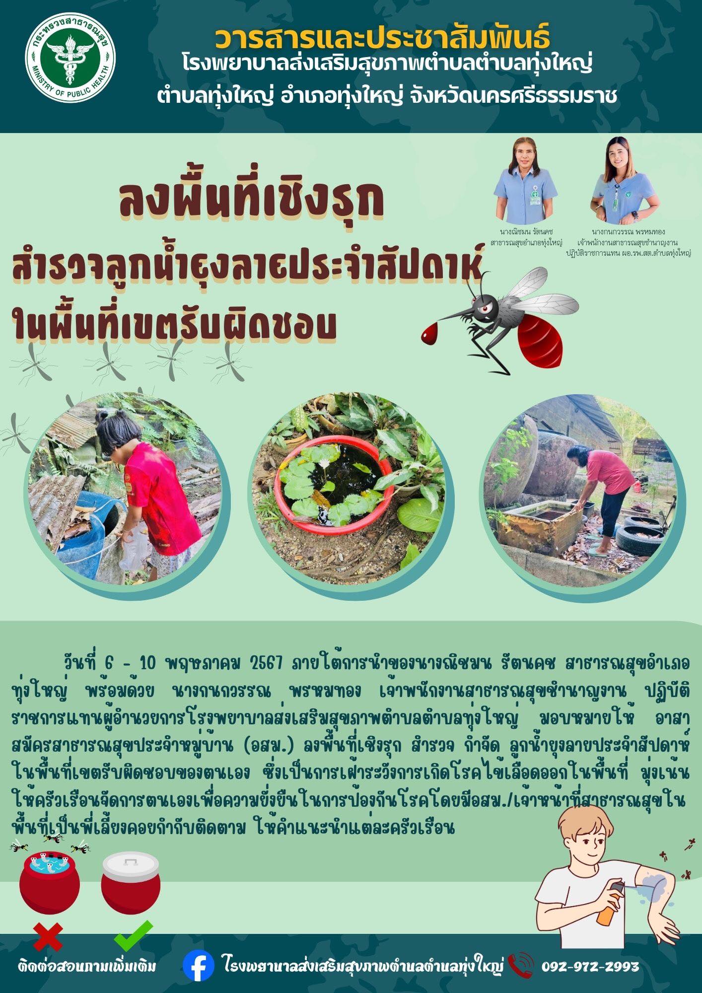 วันที่ 6 - 10 พฤษภาคม 2567 ภายใต้การนำของนางณิชมน รัตนคช สาธารณสุขอำเภอทุ่งใหญ่ พร้อมด้วย นางกนกวรรณ พรหมทอง เจ้าพนักงานสาธารณสุขชำนาญงาน ปฏิบัติราชการแทนผู้อำนวยการโรงพยาบาลส่งเสริมสุขภาพตำบลตำบลทุ่งใหญ่ มอบหมายให้ อาสาสมัครสาธารณสุขประจำหมู่บ้าน (อสม.) ลงพื้นที่เชิงรุก สำรวจ กำจัด ลูกน้ำยุงลายประจำสัปดาห์ ในพื้นที่เขตรับผิดชอบของตนเอง ซึ่งเป็นการเฝ้าระวังการเกิดโรคไข้เลือดออกในพื้นที่ มุ่งเน้นให้ครัวเรือนจัดการตนเองเพื่อความยั่งยืนในการป้องกันโรคโดยมีอสม./เจ้าหน้้าที่สาธารณสุขในพื้นที่เป็นพี่เลี้ยงคอยกำกับติดตาม ให้คำแนะนำแต่ละครัวเรือน