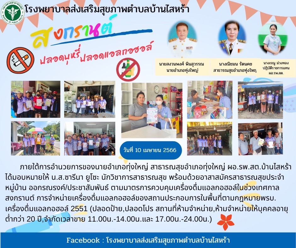 วันที่ 10 เมษายน 2566 ภายใต้การอำนวยการ่ของนายอำเภอทุ่งใหญ่ สาธารณสุขอำเภอทุ่งใหญ่ ร่วมกับ ผอ.รพ.บ้านไสหร้า ได้มอบหมายให้นางสาวซารีนา ยูโซะ นักกวิชาการสาธารณสุข ร่วมกับ อสม. รพ.สต.บ้านไสหร้า ออกรณรงค์ก่อนเทศกาลสงกรานต์ให้ร้านค้า สถานประกอบการณ์ ประชาชนในพื้นที่ปฏิบัติตามกฎหมาย พรบ. เครื่องดื่มแอลกอฮร์ 2551 ห้ามจำหน่ายแอลกอฮอร์แก่เด็กอายุต่ำกว่า 20 ปี บริบูรณ์และให้จำหน่ายในเวลาที่กฎหมายกำหนด เวลา (11.00 - 14.00 และ 17.00 - 24.00 น.) และห้ามจัดกิจกรรมส่งเสริมการขายแอลกอฮร์ทุกประเภท สถานที่ห้ามจำหน่ายและห้ามดื่มตามกฎหมาย